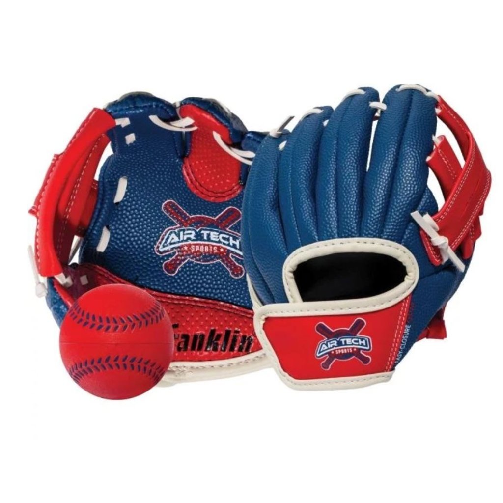 FRANKLIN BASEBALL GLOVE AND BALL RIGHT HANDED RED & BLUE