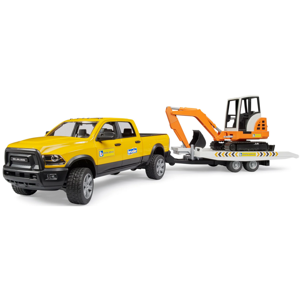 BRUDER TOYS AMERICA RAM SERVICE TRUCK WITH TRAILER & MINI EXCAVATOR