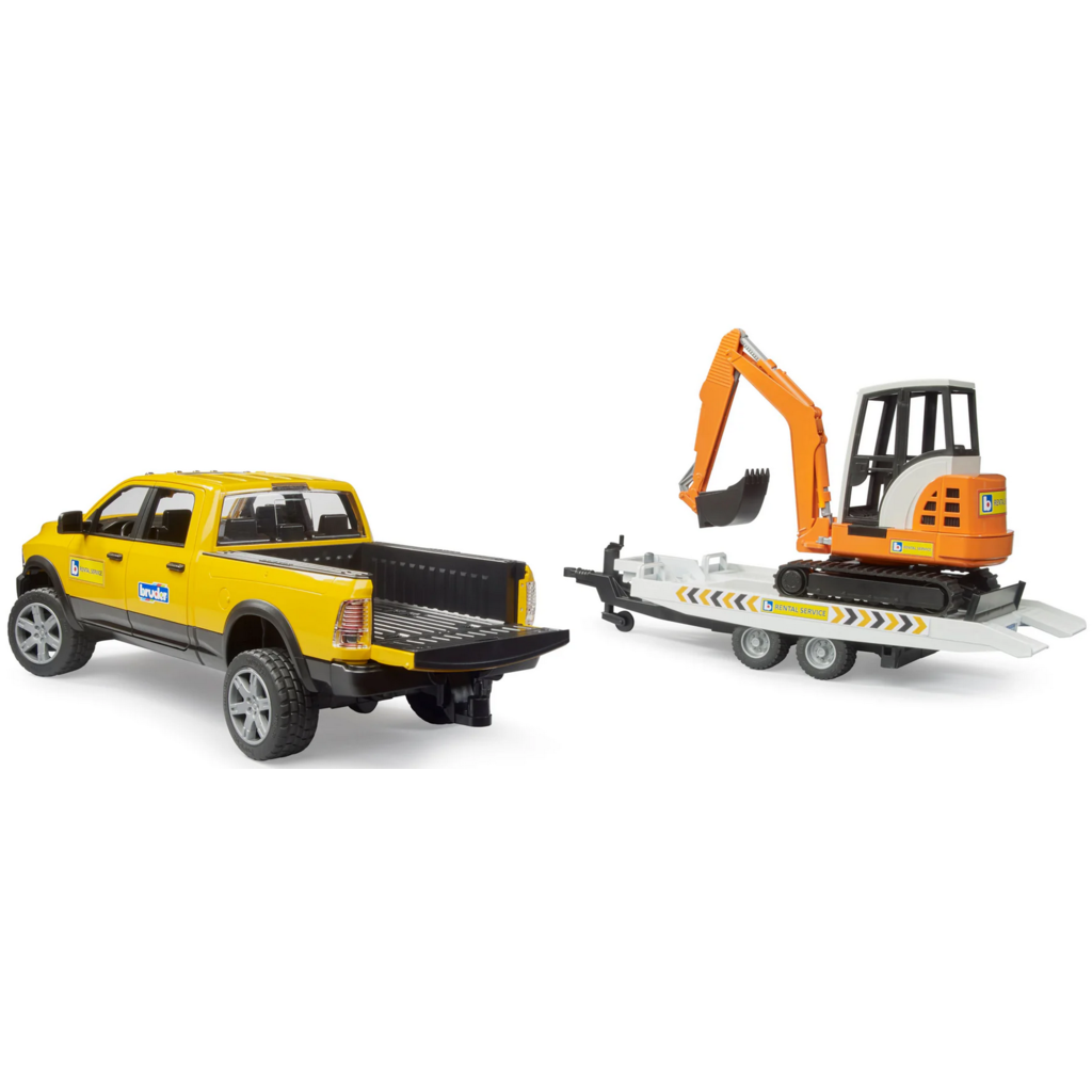 BRUDER TOYS AMERICA RAM SERVICE TRUCK WITH TRAILER & MINI EXCAVATOR