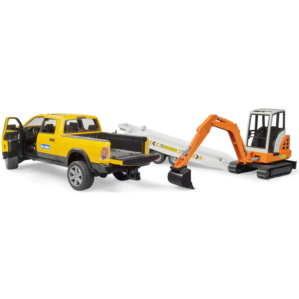 BRUDER TOYS AMERICA RAM SERVICE TRUCK WITH TRAILER & MINI EXCAVATOR
