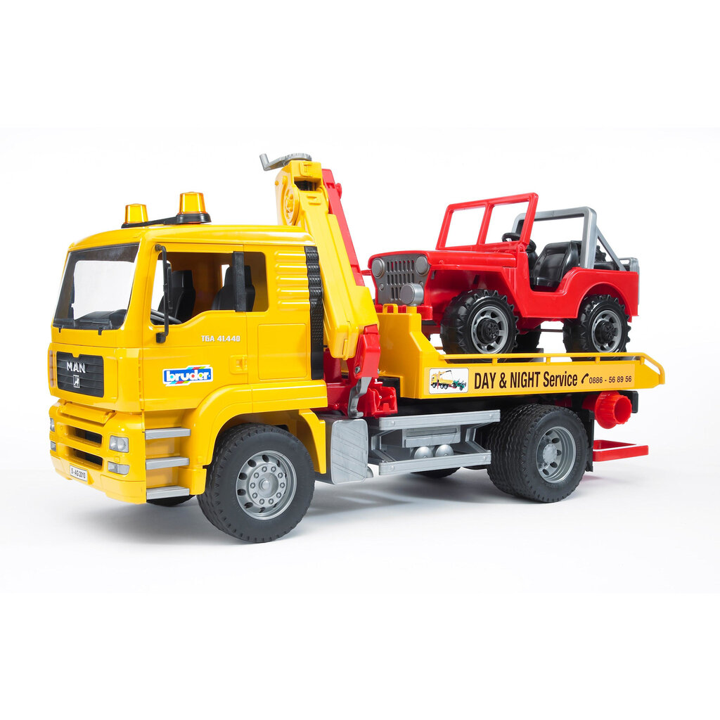BRUDER TOYS AMERICA MAN TGA TOW TRUCK WITH CROSS COUNTRY VEHICLE BRUDER
