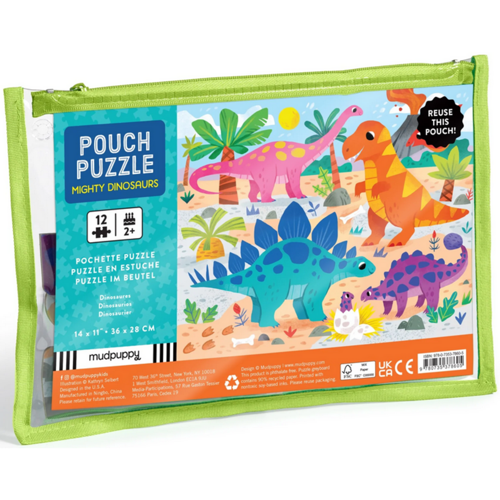 MUDPUPPY POUCH PUZZLE 12 PC MIGHTY DINOSAURS