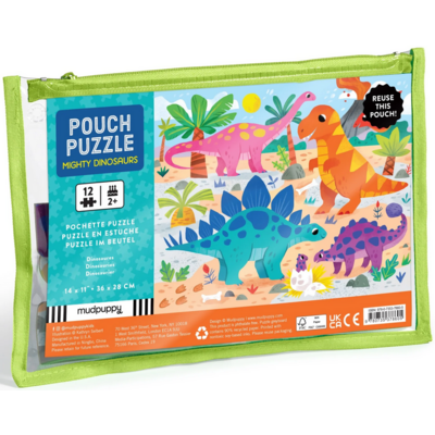 MUDPUPPY POUCH PUZZLE 12 PC MIGHTY DINOSAURS