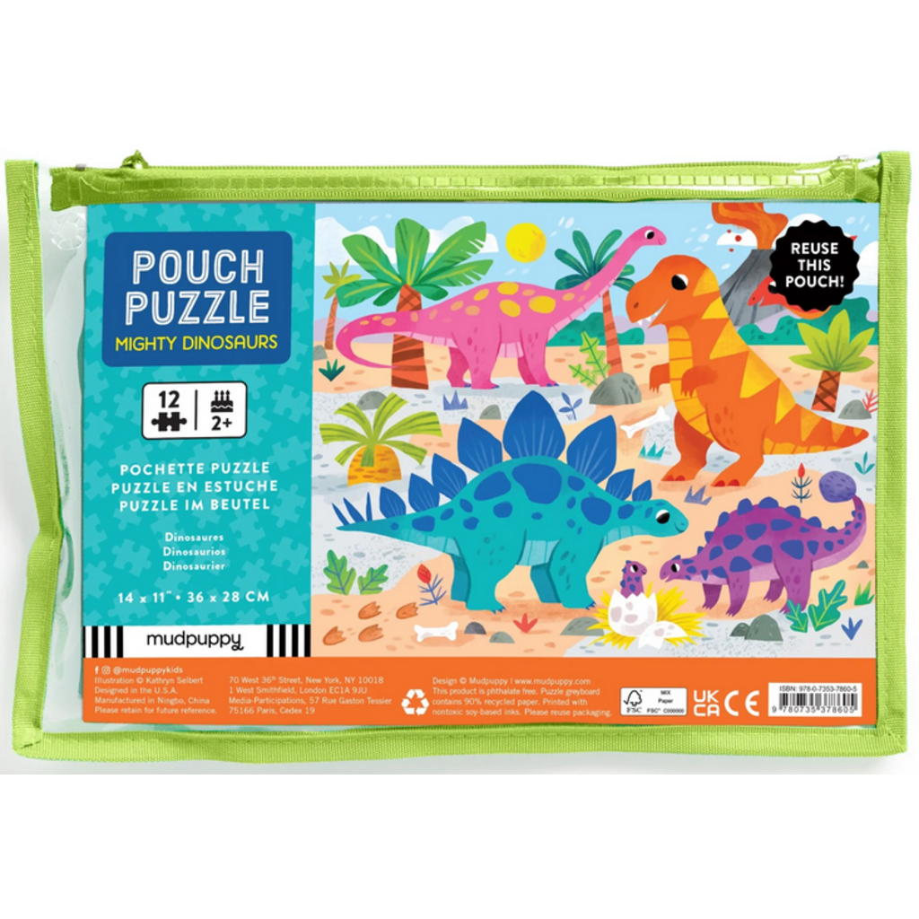 MUDPUPPY POUCH PUZZLE 12 PC MIGHTY DINOSAURS