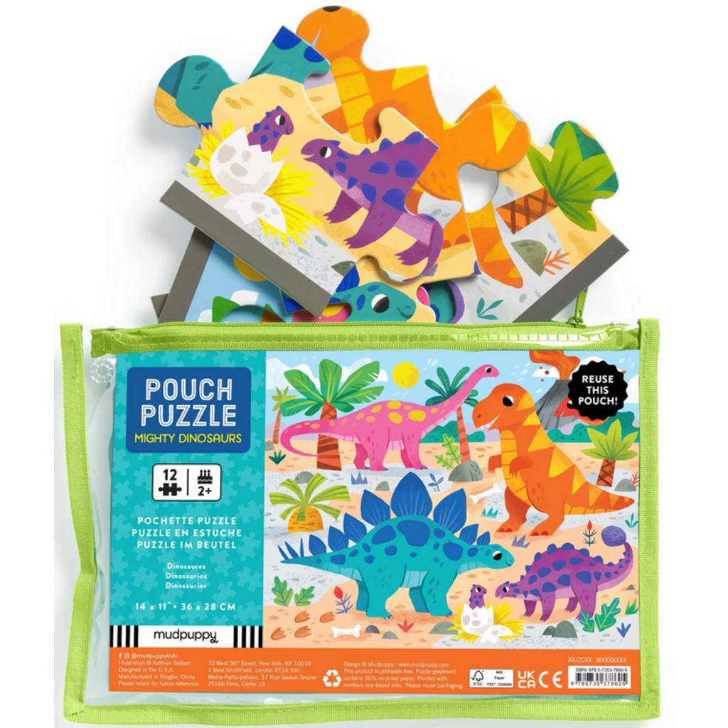 MUDPUPPY POUCH PUZZLE 12 PC MIGHTY DINOSAURS