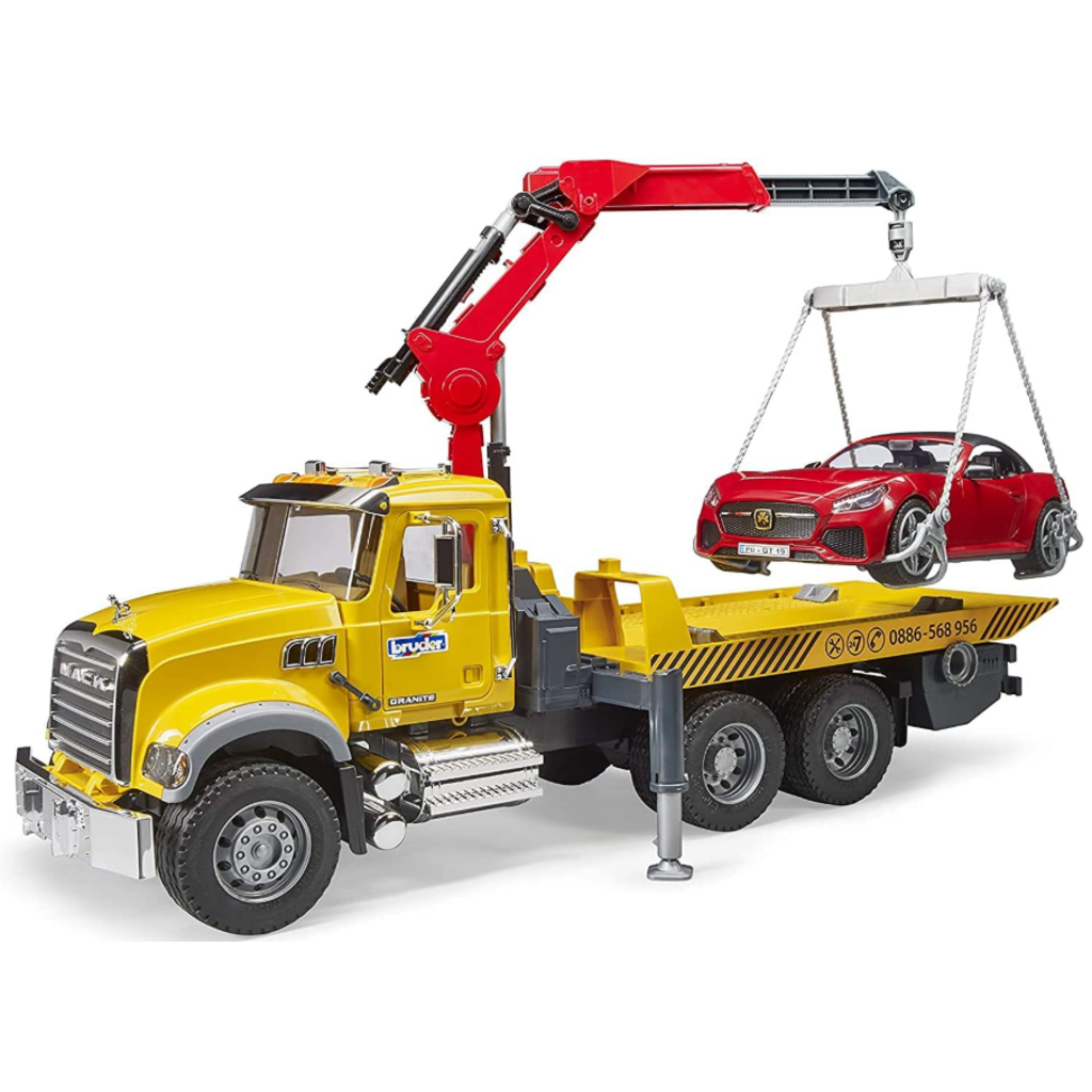 BRUDER TOYS AMERICA MACK GRANITE TOW TRUCK WITH ROADSTER
