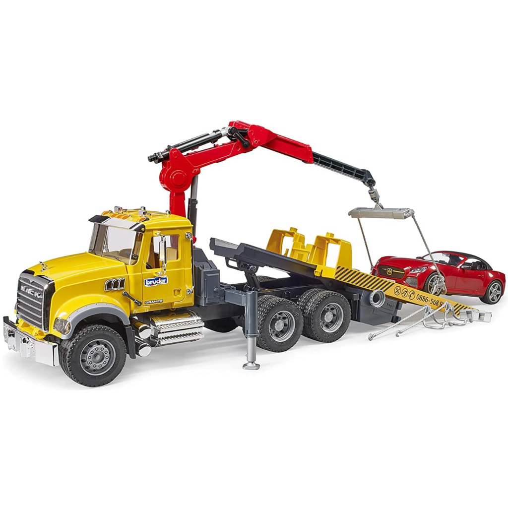 BRUDER TOYS AMERICA MACK GRANITE TOW TRUCK WITH ROADSTER