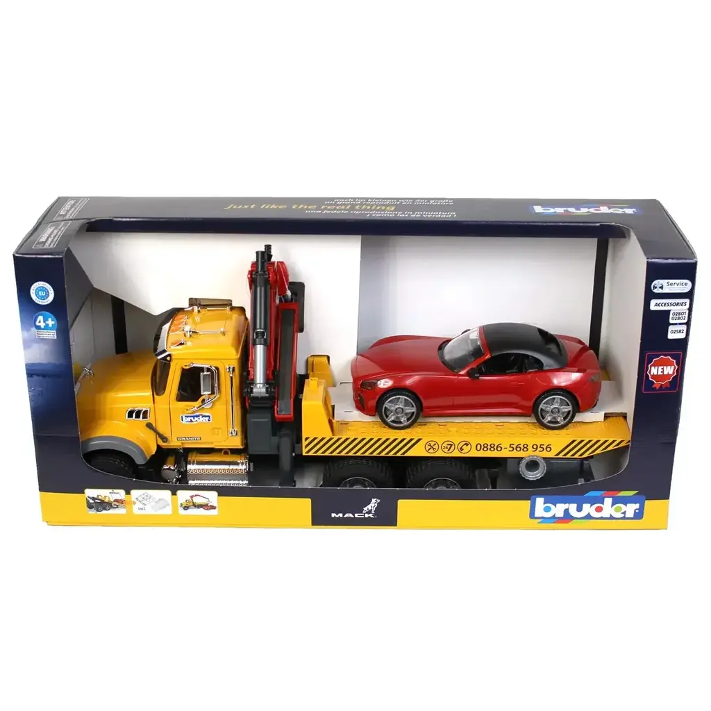 BRUDER TOYS AMERICA MACK GRANITE TOW TRUCK WITH ROADSTER