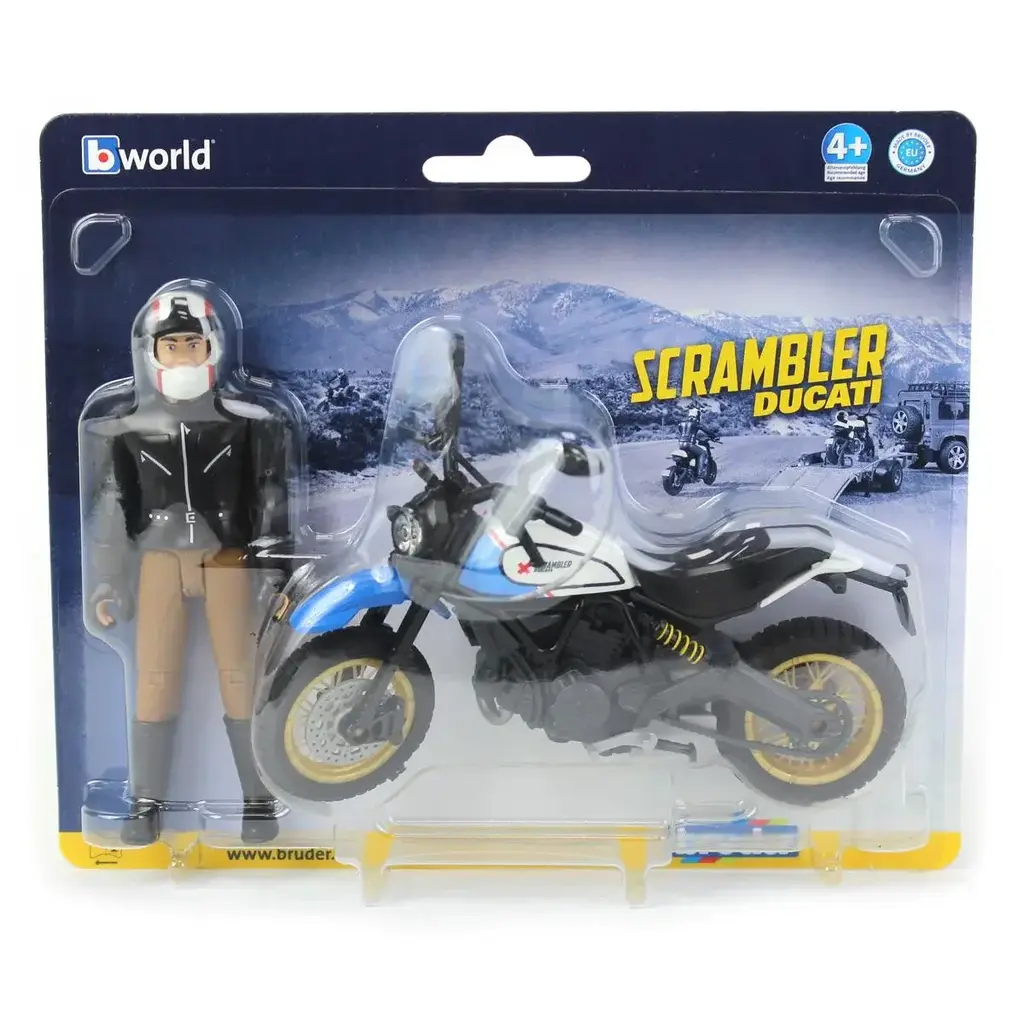 BRUDER TOYS AMERICA DUCATI SCRAMBLER DESERT SLED MOTORCYCLE WITH RIDER