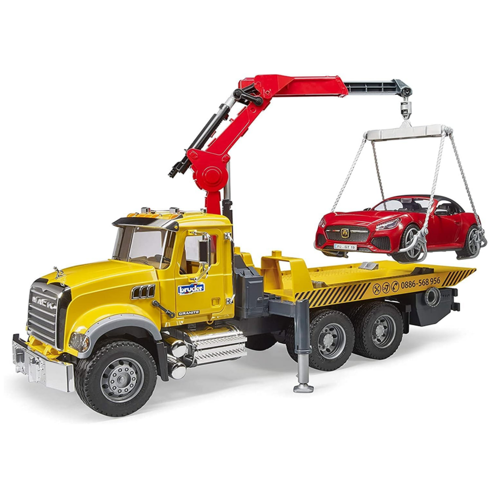 BRUDER TOYS AMERICA MACK GRANITE TOW TRUCK WITH ROADSTER