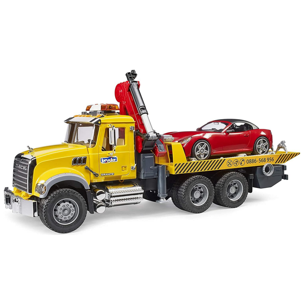 BRUDER TOYS AMERICA MACK GRANITE TOW TRUCK WITH ROADSTER