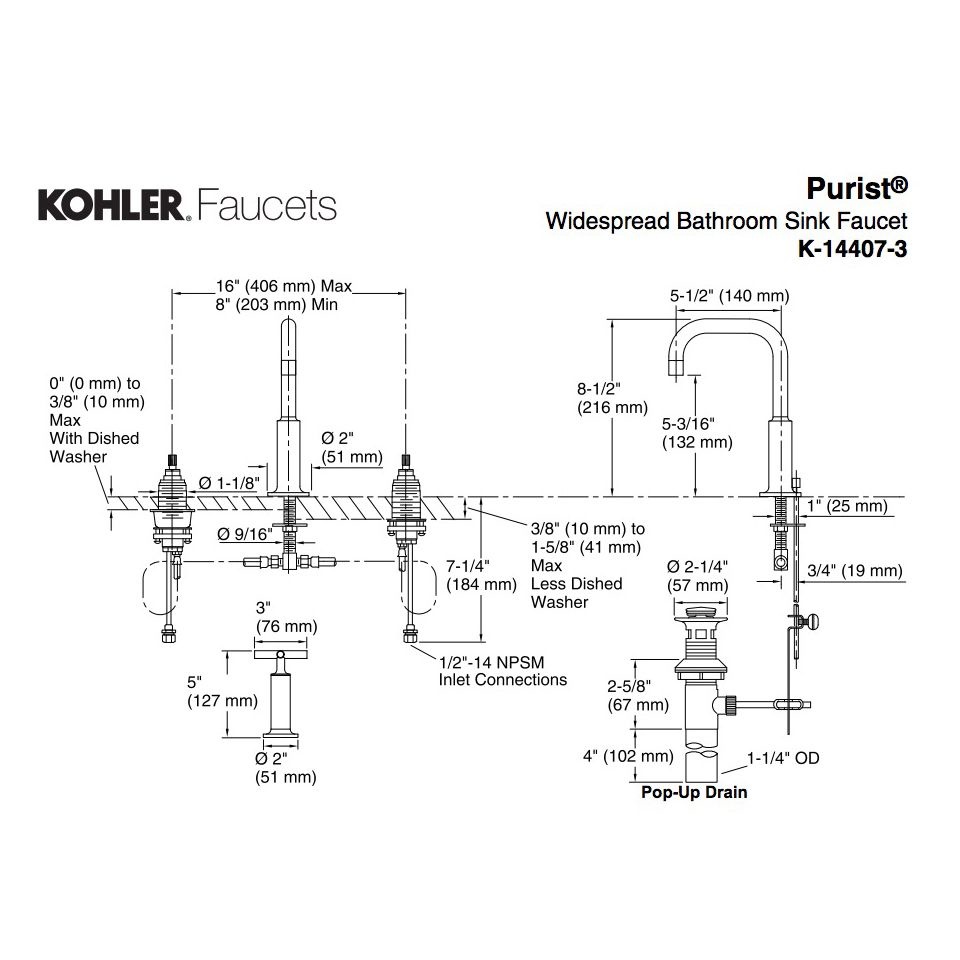 Kohler 14407 3 Sn Purist Widespread Lavatory Faucet With Low