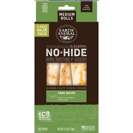 EARTH ANIMAL Earth Animal Dog No-Hide Medium Rolls Natural Rawhide Alternative Pork Chew, 3 pack