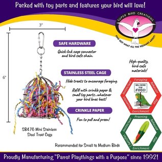 SUPER BIRD CREATIONS Super Bird SB-476 Mini Stainless Steel Treat Cage Filled With Paper, Small 6-1/2" x  3"
