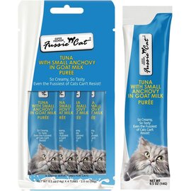 FUSSIE CAT Fussie Cat Premium Tuna with Small Anchovies in Goat Milk Puree, lickable cat Treats, 0.5oz Pouch Pack of 4