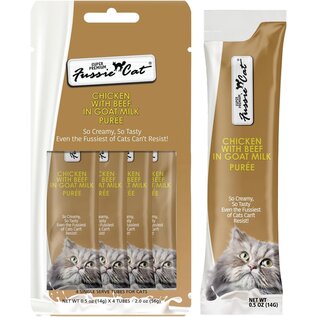 FUSSIE CAT Fussie Cat Super Premium Chicken with Beef in Goat Milk Puree, lickable cat Treats, 0.5oz Pouch Pack of 4