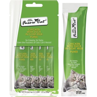 FUSSIE CAT Fussie Cat Super Premium Chicken with Duck in Goat Milk Puree, lickable cat Treats, 0.5oz Pouch Pack of 4