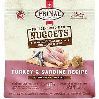 PRIMAL Primal Freeze Dried Raw Dog Food Nuggets, Turkey Sardine, Complete & Balanced Meal Premium,  Grain Free, High Protein, 14 oz