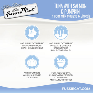 FUSSIE CAT Fussie Cat Kitten Salmon & Tuna  with Pumpkin in Goat Milk Mousse Wet Cat Food & Shreds, 1.5-oz pouch