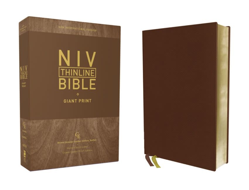 NIV, Thinline Bible, Giant Print, Genuine Leather, Buffalo, Brown, Red Letter Edition, Comfort Print