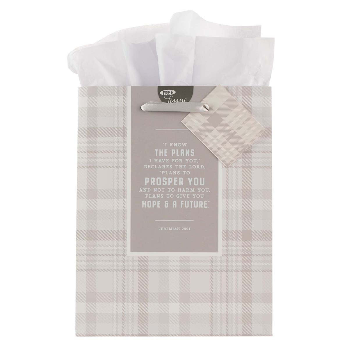 I Know the Plans Gray Plaid Medium Gift Bag - Jeremiah 29:11