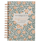 Sufficient Grace Teal Floral Large Wirebound Journal - 2 Corinthians 12:9