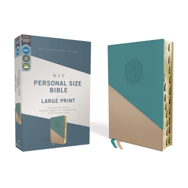 NIV, Personal Size Bible, Large Print, Leathersoft, Teal/Gold, Red Letter, Thumb Indexed, Comfort Print