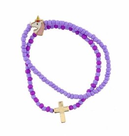 Set of 2, Purple Seed Bead Stretch Bracelets w/ Cross & Unicorn