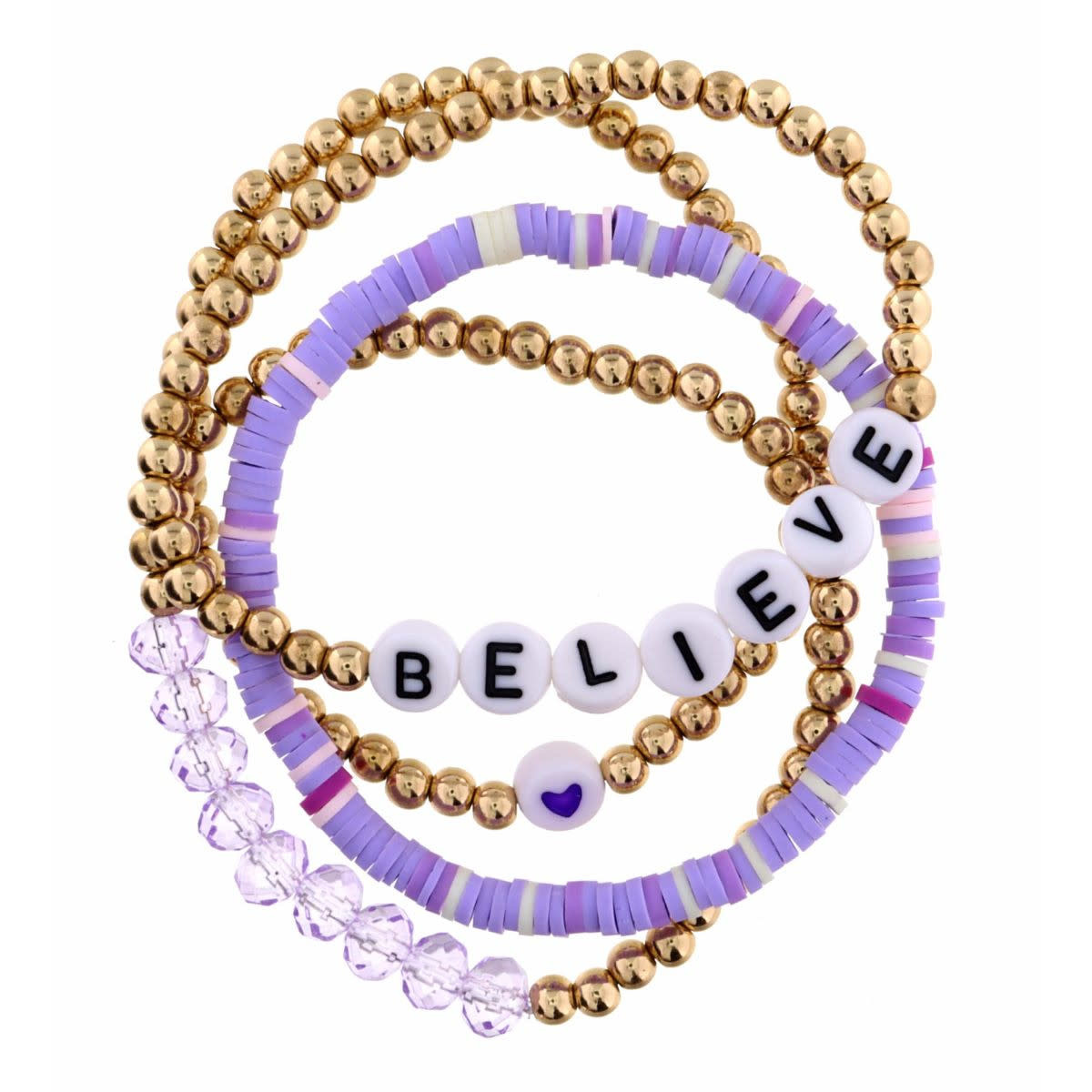 Kids Set of 4, Gold, Purple, White Beaded with "Believe" Bracelet