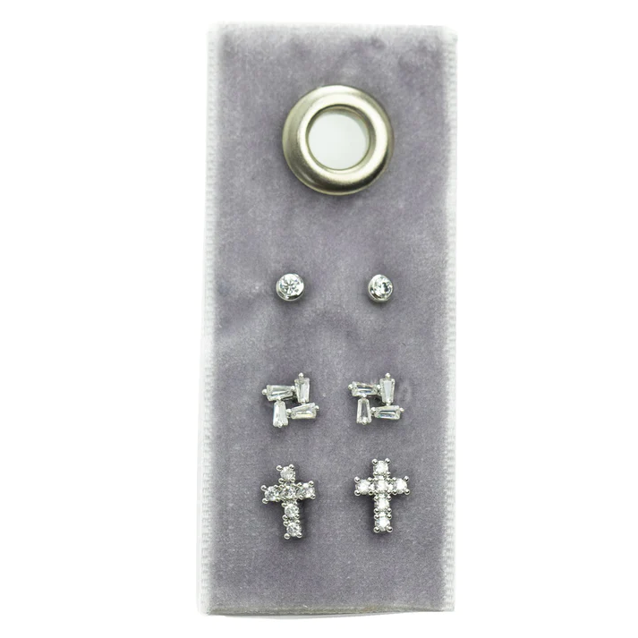Cross Velvet Stud Gift Set- Silver