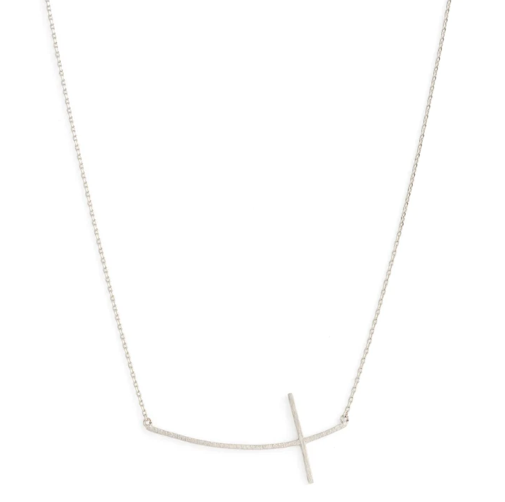 Large Brushed Side Cross Necklace - Silver