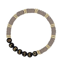 Light Mocha Rubber and Gold Beaded "BLESSED" Stretch Bracelet