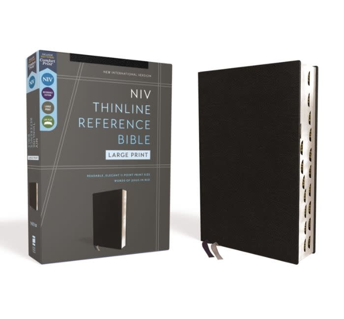 NIV, Thinline Reference Bible, Large Print, European Bonded Leather, Black, Red Letter, Thumb Indexed, Comfort Print