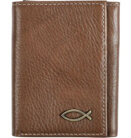 Ichthus Fish Brown Genuine Leather Trifold Wallet