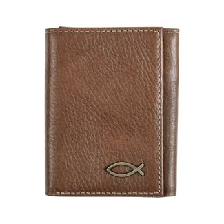 Ichthus Fish Brown Genuine Leather Trifold Wallet