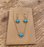 Turquoise Tiny Cross Necklace + Earring Set