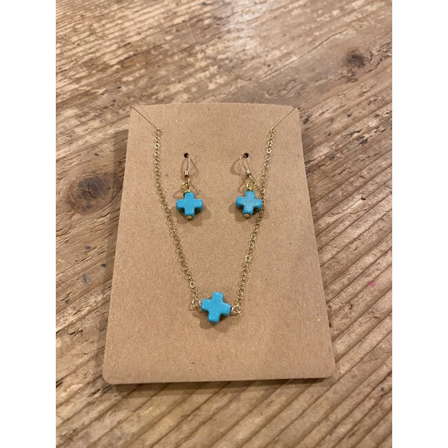 Turquoise Tiny Cross Necklace + Earring Set