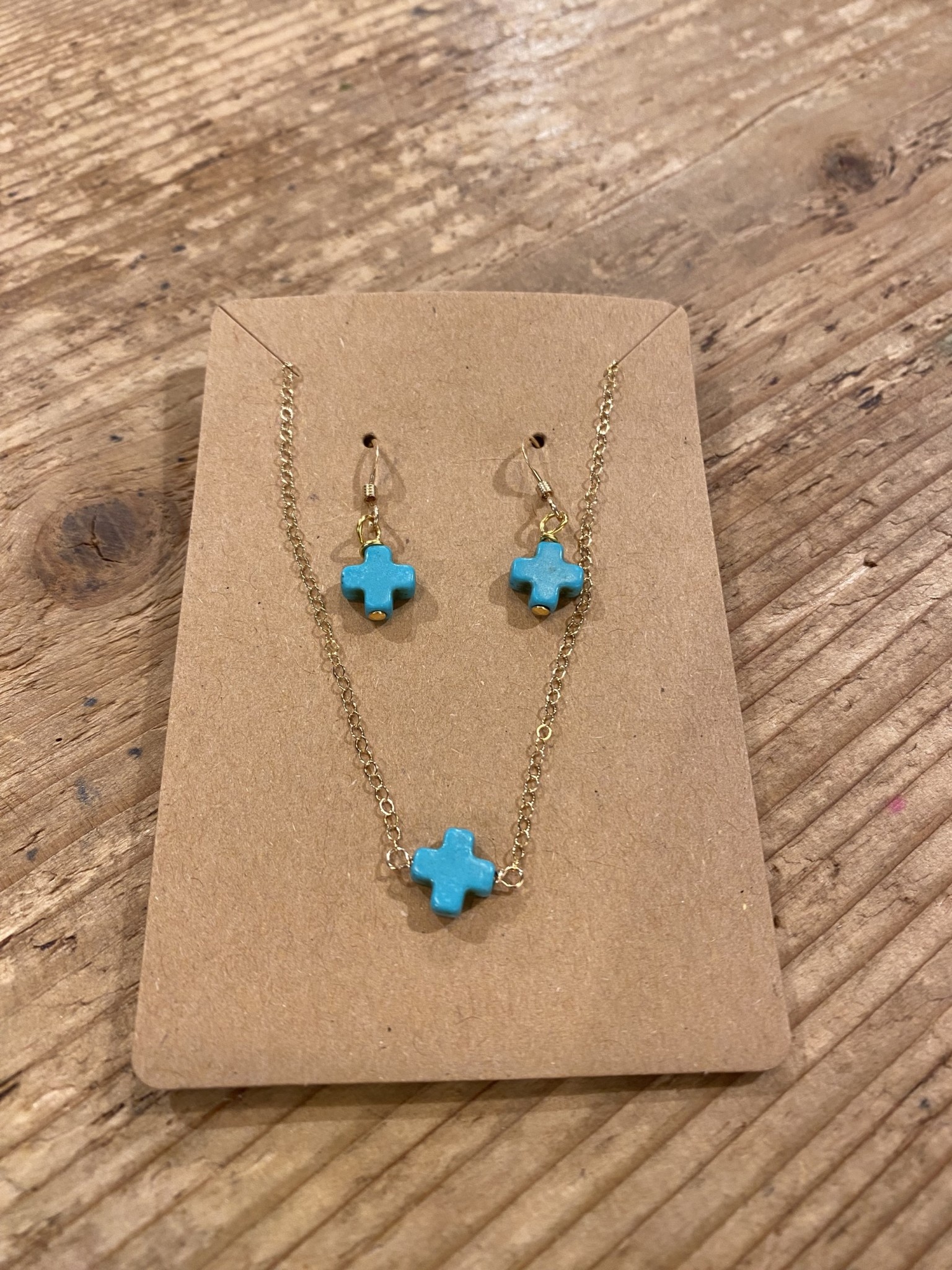 Turquoise Tiny Cross Necklace + Earring Set