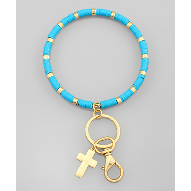 Cross & Clay Bead Key Ring Bracelet - Turquoise
