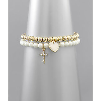 Heart & Cross Charm Ball Bracelet Set