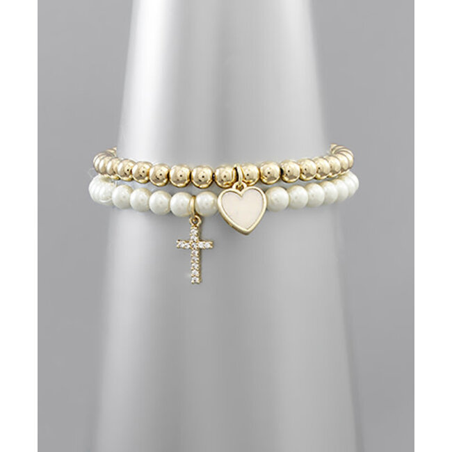Heart & Cross Charm Ball Bracelet Set