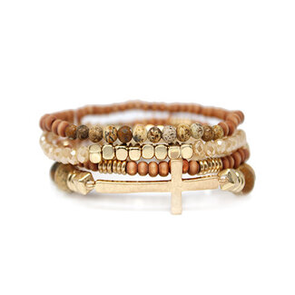 4 Row Wood Stone Beads & Cross Bracelet - Picture Jasper