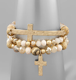 Cross Multi Stone & Bead Bracelet Set - Brick Red/Worn Gold