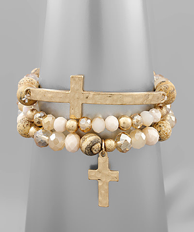Cross Multi Stone & Bead Bracelet Set - Brick Red/Worn Gold