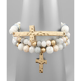 Cross Multi Stone & Bead Bracelet Set - Howlite/Worn Gold