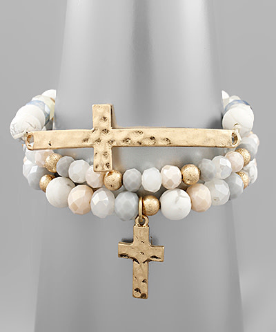 Cross Multi Stone & Bead Bracelet Set - Howlite/Worn Gold