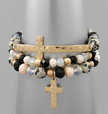 Cross Multi Stone & Bead Bracelet - Dalmatian/Worn Gold