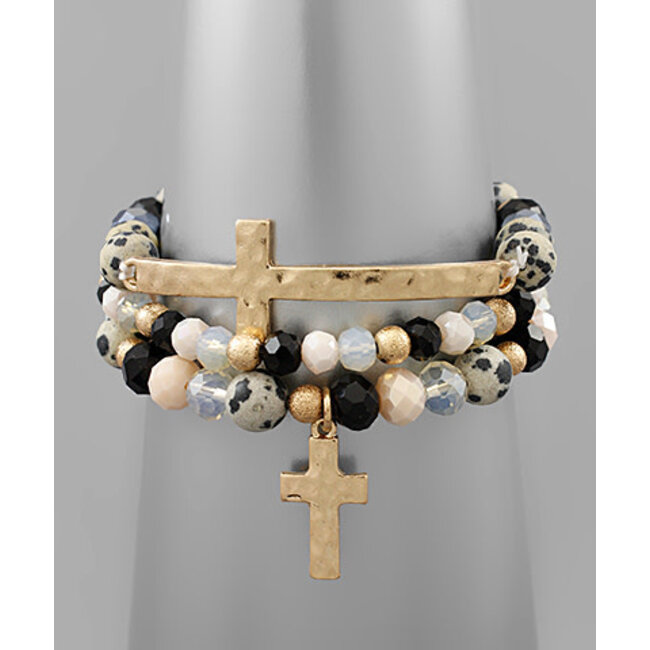 Cross Multi Stone & Bead Bracelet - Dalmatian/Worn Gold