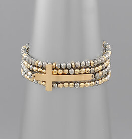 Stackable Cross & Glass Bead Bracelet - Hematite