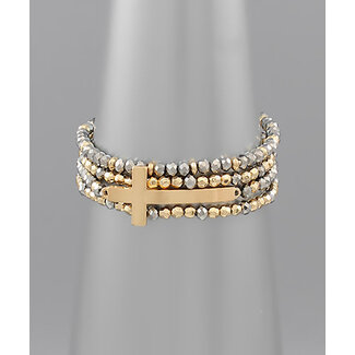 Stackable Cross & Glass Bead Bracelet - Hematite